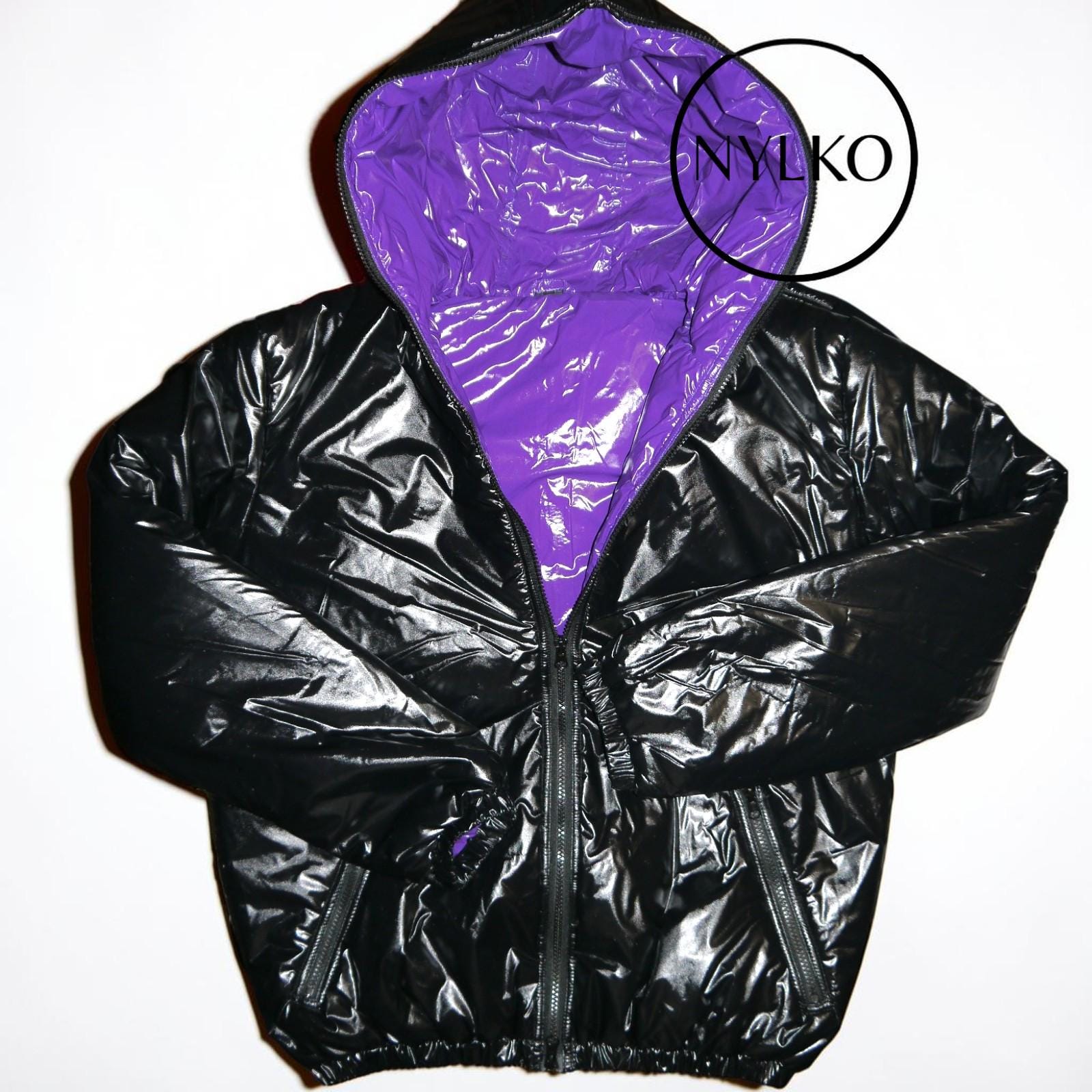 Glossy Nylon Lacquer PVC Wetlook Shiny Nylon Jacket With 15 Mm