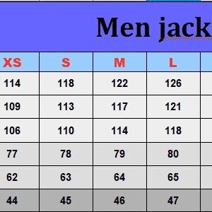 May include: A size chart for men's jackets, featuring measurements in centimeters. The chart includes chest, waist, hip, length, length from arm, and arm measurements for sizes XS to 5XL. The brand logo "NYLKO" is at the top.