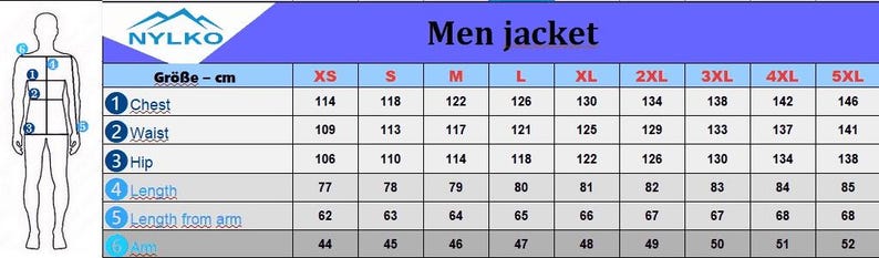 May include: A size chart for men's jackets, featuring measurements in centimeters. The chart includes chest, waist, hip, length, length from arm, and arm measurements for sizes XS to 5XL. The brand logo "NYLKO" is at the top.