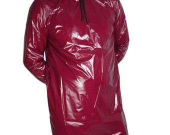 May include: A long, burgundy hooded raincoat made of shiny, waterproof material.