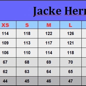 May include: A size chart for jackets, with measurements in centimeters. The chart includes chest, waist, hip, front length, sleeve length, and shoulder measurements for sizes XS to 5XL. The text "Jacke Herren" is at the top.