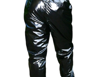 May include: Black shiny pants with a drawstring waist.