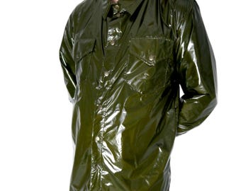 May include: Olive green button-up shirt with two chest pockets. The shirt has a shiny, waterproof appearance. The long-sleeved shirt has a classic collar and button closures. The material appears to be a lightweight, possibly synthetic fabric.