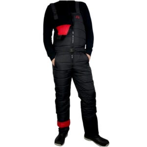 May include: Black insulated snow pants with red accents and a zippered pocket on the chest. The pants have a belt and suspenders.