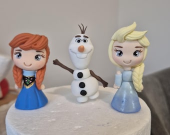 Princesses & Snowman Cake Topper Set - Inedible - Handmade with Plastic Free and Non-toxic Cold Porcelain - Cake Decoration  Figure