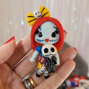 Inspired Sally and Jack flatback Tree decoration Magnets  | Handmade | Plastic Free | Halloween Clay Dolls | Non-toxic Porcelain | NBC Gift