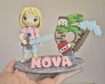 Custom Inspired Mine Birthday Cake Topper & Candle | Reusable, Inedible and Handmade with Plastic Free, Non-Toxic Cold Porcelain