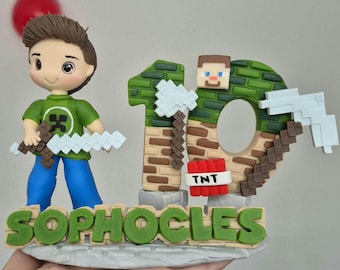 Custom Inspired Mine Birthday Cake Topper & 2 Digit Number Candle | Doesn't Melt | Reusable, Inedible, Handmade,  Plastic Free, Non-toxic