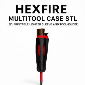 May include: A black and red multi-tool with a lighter sleeve and toolholder. The tool has a black handle with red accents and a red screwdriver tip. The text "HEXFIRE MULTITOOL CASE STL" is at the top.