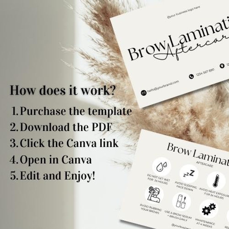 Brow Lamination Aftercare Cards Eye Brows Template Care Instructions DIGITAL DOWNLOAD EDITABLE