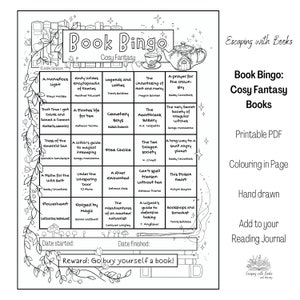 Book Bingo - Cosy Fantasy Titles - Reading Challenge - Single Printable Journal Page - Black and White