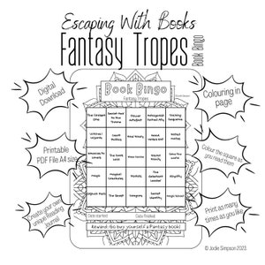 Book bingo - Fantasy Tropes - Single Printable A4 Page - Reading journal