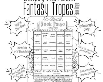 Book bingo - Fantasy Tropes - Single Printable A4 Page - Reading journal