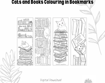 Cats and Books Colouring in Bookmarks - Printable PDF - Black and White Line drawing