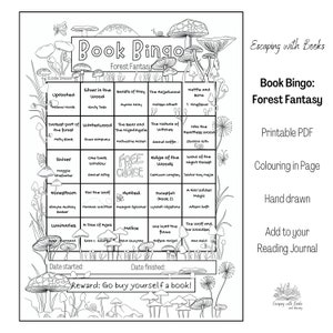 Forest Fantasy Book Bingo - Colouring in - Printable PDF - Reading Journal - Reading Challenge - Mushrooms