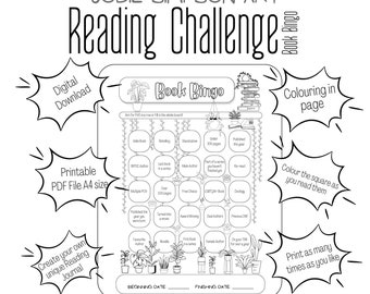 Reading Challenge - Book Bingo - Colouring in - Printable Journal Page - Books and Plants