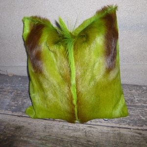 May include: A green and brown fur pillow with a long, thin, brown stripe down the center.