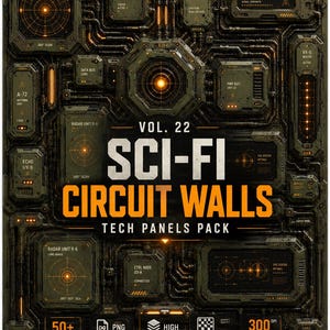 May include: A digital graphic pack titled VOL. 22 SCI-FI CIRCUIT WALLS TECH PANELS PACK featuring dark metallic panels with orange glowing radar displays, sensor links, and technical labels. The image includes text details like 50+ designs, PNG files, high detail, transparent background, and 300 DPI high resolution.