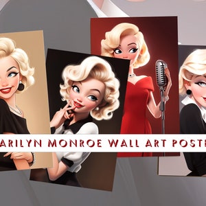 Marilyn Monroe poster, Caricature art, Retro poster, Marilyn Monroe print, Poster art, Digital download, Set of 4 posters, Retro home decor