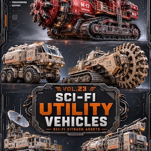 May include: A digital collection of sci-fi utility vehicle assets labelled Vol. 23, featuring a large red M-17 mining machine, a tan S-09 cargo truck, a T-14 terraformer, a COM-05 communications vehicle, and a REF-21 mobile refinery for 3D concept art.
