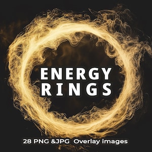 May include: A set of 28 digital overlay images featuring glowing, swirling energy rings in a golden yellow color. The rings are arranged in a circular pattern, creating a dynamic and ethereal effect. The text "ENERGY RINGS" is displayed in white letters against the dark background.