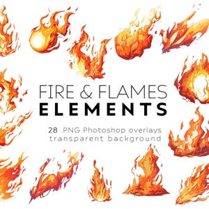 Op de afbeelding: Een verzameling van 28 PNG Photoshop-overlays van vuur- en vlamelementen. De illustraties tonen verschillende vormen van oranje en rode vlammen. De tekst "FIRE & FLAMES ELEMENTS" en "28 .PNG Photoshop overlays transparent background" is inbegrepen.