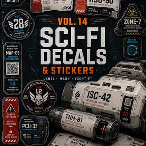 Pegatinas de ciencia ficción PNG Pack de 100 etiquetas futuristas señales de advertencia Investigación militar Cyberpunk Kitbash Assets
