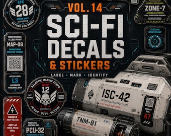 Sci Fi Decals Stickers PNG Pack 100 Futuristic Labels Warning Signs Military Research Cyberpunk Kitbash Assets