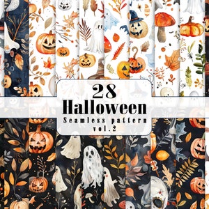 Watercolor Halloween Seamless Pattern: Funny Ghosts, Pumpkins (Digital Paper)