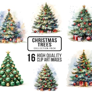 Watercolor Christmas tree clipart, Christmas tree illustration for commercial use, Seasonal clipart for cards, junk journal, digital planner
