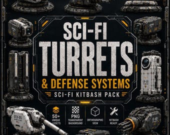 50+ Sci-Fi Turrets PNG Kitbash Pack | Futuristic Defense Systems | Cannon, Missile Launcher, Radar, CIWS | Game Assets