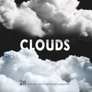 Puede incluir: Una colección de 28 nubes blancas sobre un fondo negro. La palabra "CLOUDS" está escrita en letras blancas en el centro de la imagen. El texto "28 .PNG clip arts on transparent background" está escrito en letras blancas en la parte inferior de la imagen.