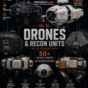 Könnte beinhalten: Eine digitale Asset-Sammlung mit dem Titel Drones & Recon Units Vol. 20, die über 50 Sci-Fi-Drohnendesigns in Schwarz, Weiß und Orange enthält. Das Bild zeigt verschiedene mechanische Einheiten mit Codes wie RU-9C, G-47, WY-77, CN-07, C-41, R-01 und M-17 vor einem dunklen Hintergrund mit technischem Text und Symbolen.