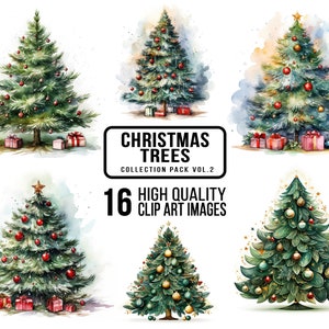 Watercolor Christmas tree clipart, Christmas tree illustration for commercial use, Seasonal clipart for cards, junk journal, digital planner