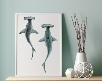 Hammerhead shark watercolor painting for kids&#39; room and nursery, Shark poster, Nautical decor, Shark photo, Cute animal, Fish poster