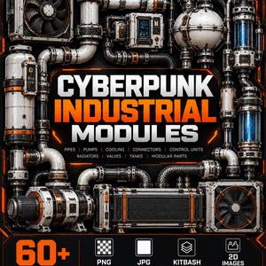 May include: A digital collection of sci-fi industrial modules featuring pipes, pumps, cooling units, and radiators. The text reads PRINTABLEBLUES SCI-FI KITBASH SERIES VOL. 47 CYBERPUNK INDUSTRIAL MODULES, 60+ ELEMENTS, PNG, JPG, KITBASH READY, 2D IMAGES.