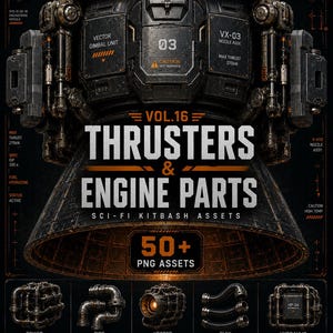 Puede incluir: Una colección digital de activos de kitbash de ciencia ficción titulada Vol. 16 Thrusters & Engine Parts, con una gran tobera de motor metálica oscura, texto técnico y más de 50 activos PNG que incluyen conductos, módulos de tuberías, propulsores, mangueras flexibles y unidades hidráulicas.
