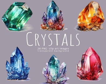 Può includere: Illustrazione ad acquerello di sei cristalli colorati nelle tonalità di verde, blu, arancione e rosso. La parola "CRYSTALS" è scritta in bianco, insieme al testo che indica 28 immagini clip art PNG con sfondo trasparente.