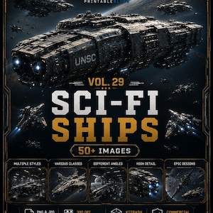 Puede incluir: Una colección digital titulada Vol. 29 Sci-Fi Ships con más de 50 imágenes de naves espaciales detalladas. El gráfico principal muestra una gran nave espacial UNSC de color gris oscuro en el espacio, rodeada de naves más pequeñas.