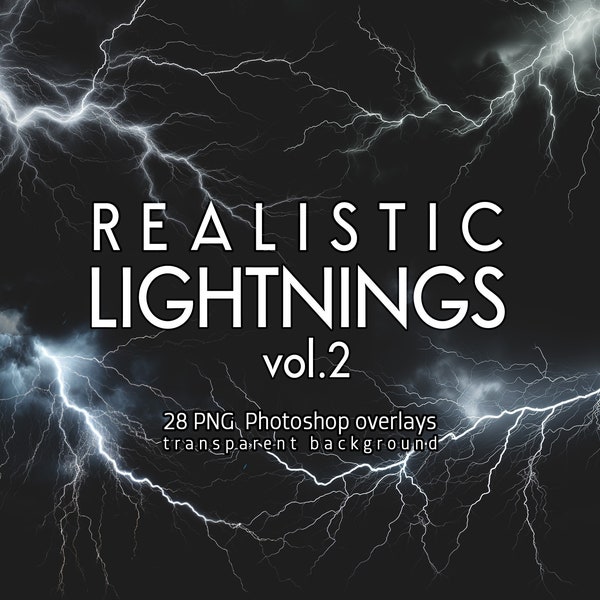 28 Lightning overlays for Photoshop, Transparent PNG lightning effects, Realistic lightning, Photo enhancements, Striking lightning overlays
