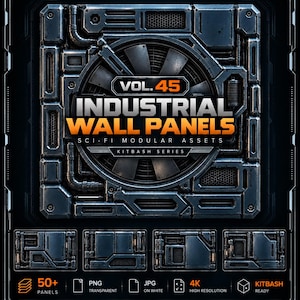 May include: A digital asset pack titled Vol. 45 Industrial Wall Panels Sci-Fi Modular Assets. The graphic features a large circular fan surrounded by metallic, dark gray mechanical panels with pipes and vents. Includes 50+ panels, PNG, JPG, 4K resolution, and kitbash ready text.