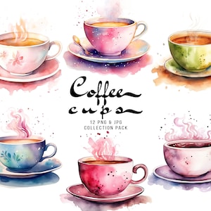 Kaffeetassen PNG JPG Clipart, Aquarell Teetasse Illustrationen, gemütliche Kaffeezeit Clipart, süße Getränketasse Grafiken, kommerzielle Nutzung