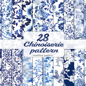 28 Chinoiserie floral seamless Patterns, Blue and White Oriental Design Chinese Art, Chinese Patterns, Digital paper, Vintage Floral Pattern