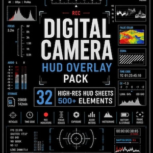 Könnte beinhalten: Ein digitales Kamera-HUD-Overlay-Paket mit 32 hochauflösenden Blättern und über 500 Elementen. Die schwarze grafische Anzeige enthält technische Daten wie Aufnahmezeit, Fokus-Skalen, Audio-Pegel, Histogramme, Batteriestatus und verschiedene Fadenkreuze.