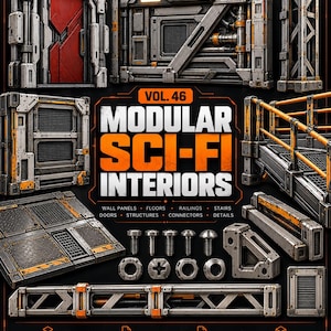 May include: A digital asset collection titled PrintableBlues Vol. 46 Modular Sci-Fi Interiors featuring gray and orange wall panels, floors, railings, stairs, doors, structures, connectors, and metal hardware components for 3D modeling.