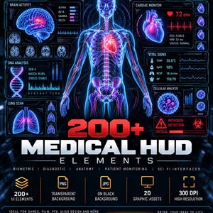 May include: A digital graphic set titled 200+ MEDICAL HUD ELEMENTS featuring a central blue human anatomy silhouette with glowing red organs, surrounded by data panels showing brain activity, cardiac monitor, DNA analysis, and vital signs.