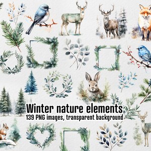139 clipart de inverno, elementos da natureza, ilustrações de árvores de Natal, gráficos de animais sazonais, moldura em forma de coração, clipart de guirlanda, PNG