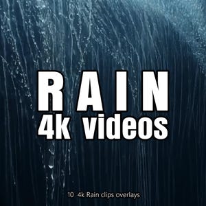 Könnte beinhalten: Ein dunkelblauer Hintergrund mit weißen Regenstreifen. Der Text "RAIN 4K videos" ist in weißen Buchstaben. Unter dem Text steht der Satz "10 4K Rain clips overlays".