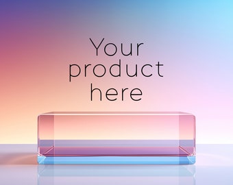 May include: A clear glass display stand with a pink and blue gradient. The stand is on a white surface with a pink and blue gradient background. The text "Your product here" is written in black above the stand.