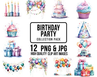 Birthday party clipart PNG JPG for commercial use, Celebration illustration, Birthday graphics, Colorful party elements, Birthday invitation